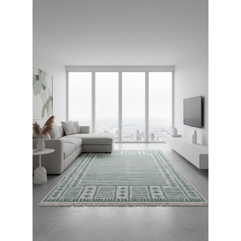 Tapis réversible kilim aztèque crème et vert COLORADO 06