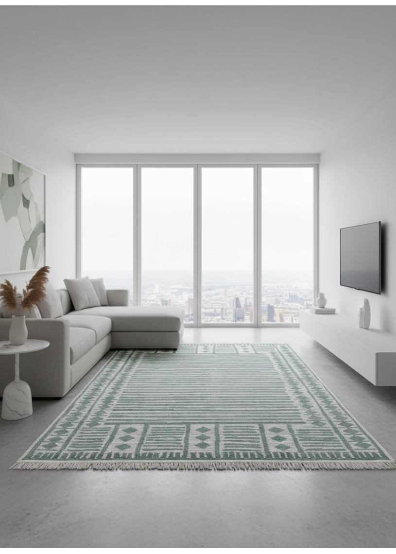 Tapis réversible kilim aztèque crème et vert COLORADO 06