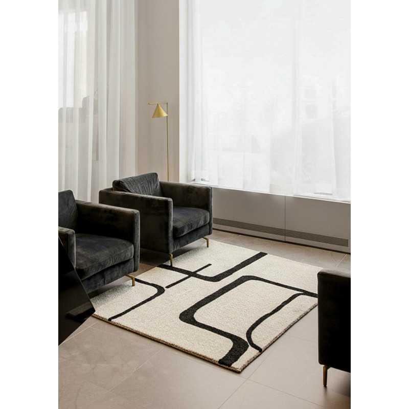Tapis en laine moderne crème noir fait main ARAGONE