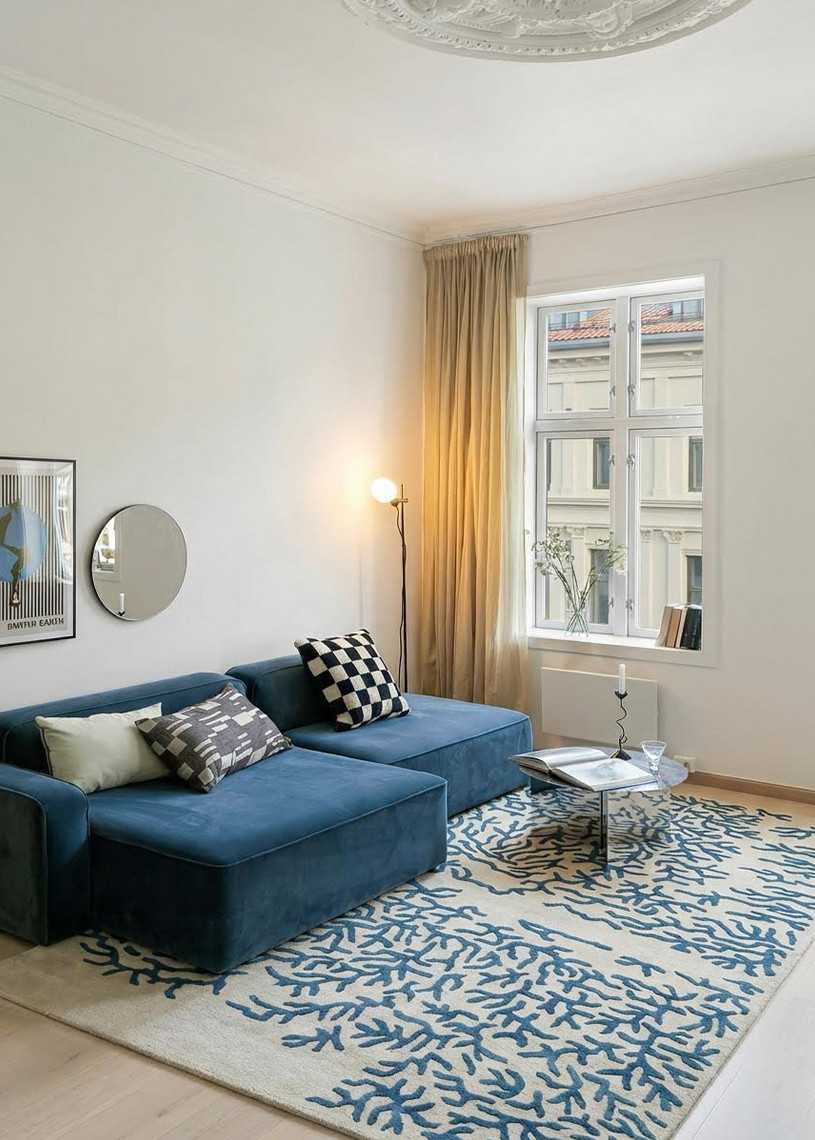 Tapis en laine crème bleu fait main FUSHI