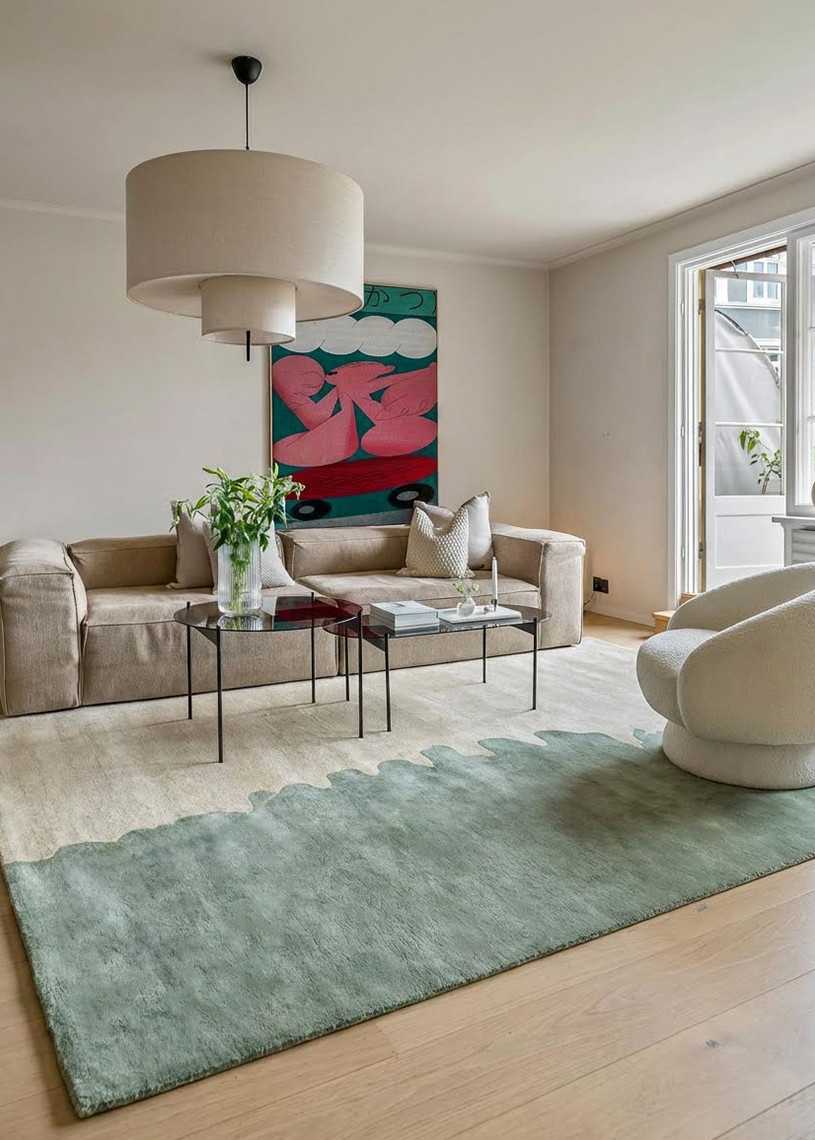 Tapis en laine vert d'eau crème fait main MURAY