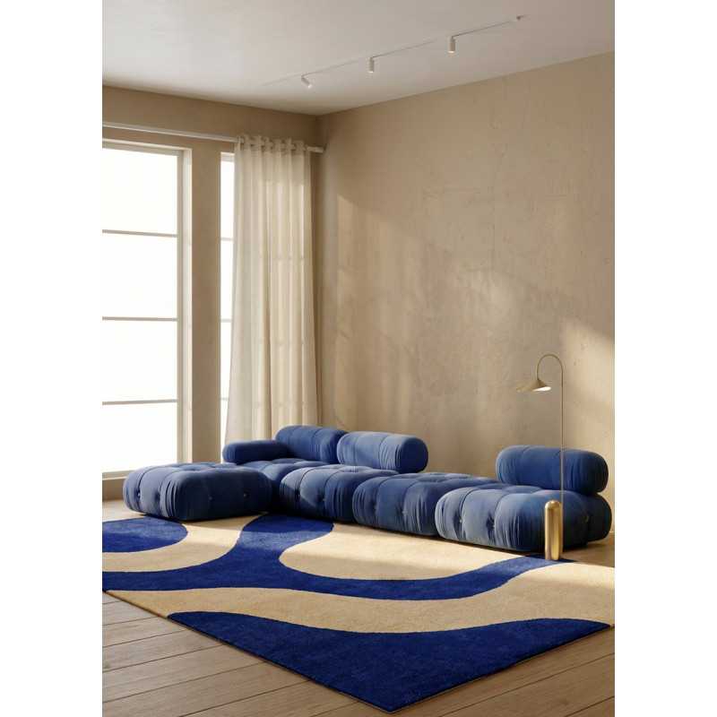Tapis en laine fait main abstrait blanc et bleu MAJORA